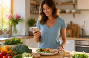 Personne utilisant une application de nutrition sur smartphone en préparant un repas équilibré