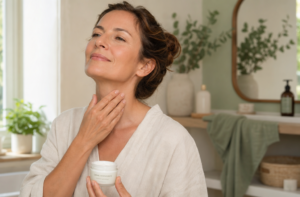 Femme appliquant une creme hydratante sur son cou pour soulager des demangeaisons