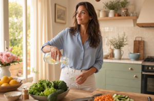 Personne souriante buvant une eau citronnée en cuisine lumineuse, ambiance bien-être et santé