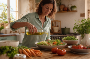 Bouteille d’huile de colza sur table en bois avec salade fraîche et lumière naturelle
