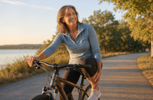 Personne active faisant du vélo avec légère gêne derrière le genou, ambiance lumineuse rassurante