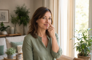 Femme souriante se touchant le nez, lumière douce, ambiance bien-être naturelle