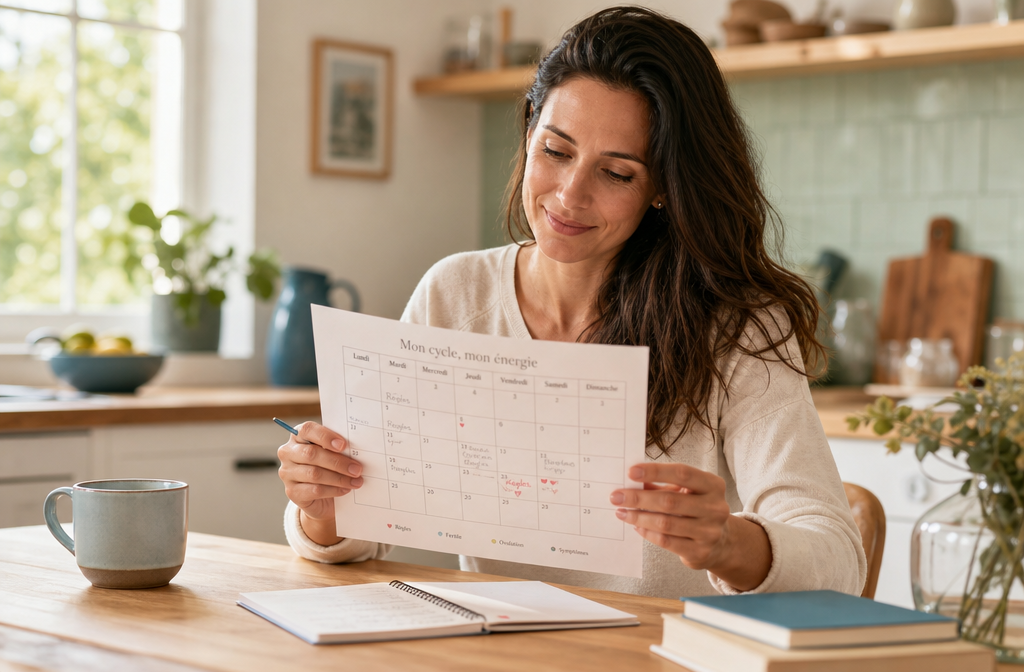 Femme sereine consultant un calendrier, compréhension cycle sous pilule