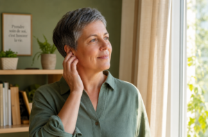 Personne sereine tenant son oreille en lumière douce, ambiance bien-être et écoute du corps