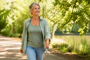 Femme active marchant au soleil pour stimuler le drainage lymphatique naturellement