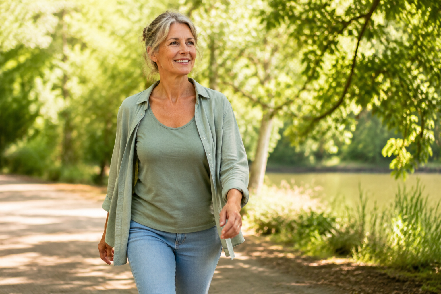 Femme active marchant au soleil pour stimuler le drainage lymphatique naturellement
