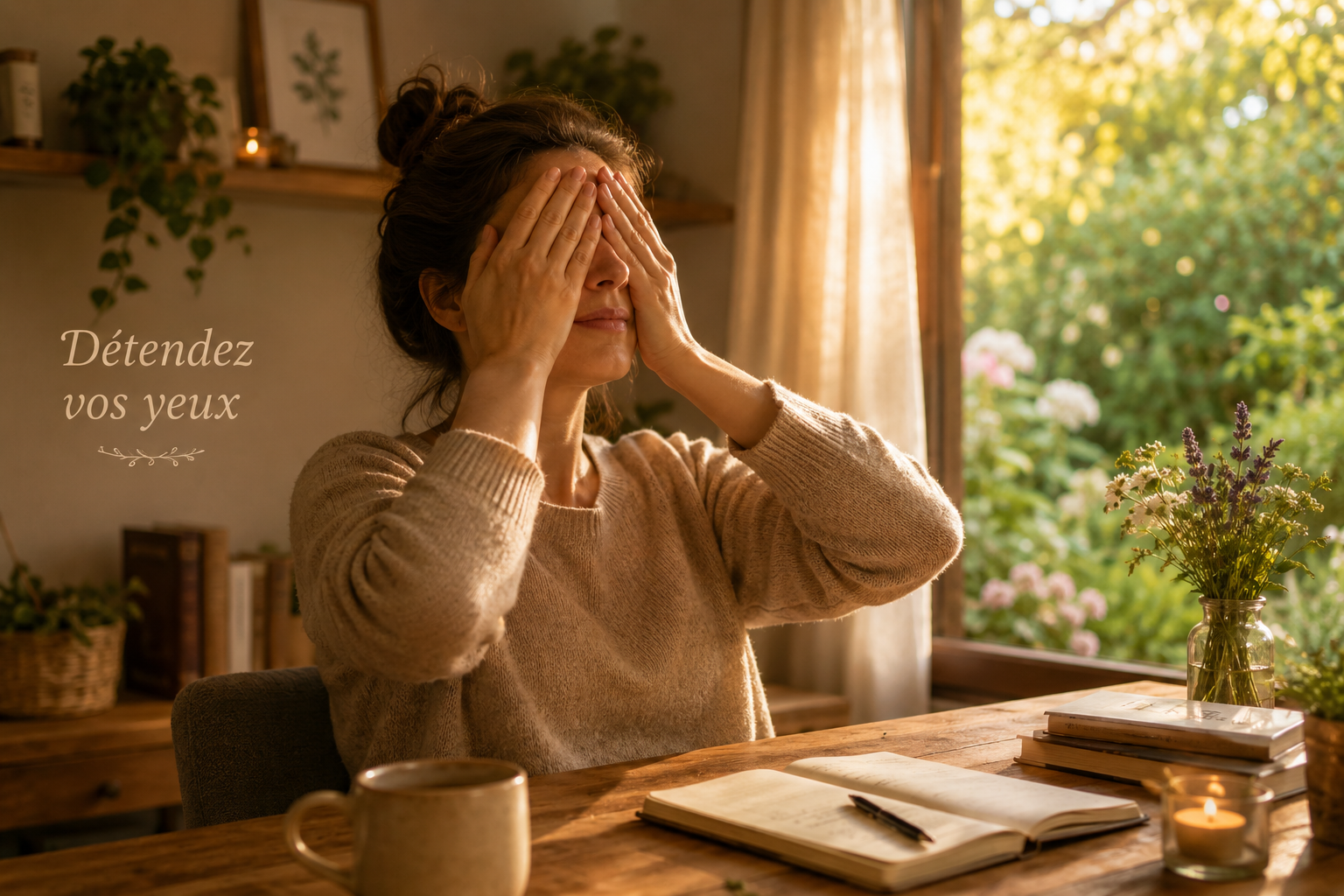 Une personne détendue, les mains en palming sur les yeux, assise près d'une fenêtre avec vue sur un jardin verdoyant.