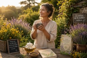 Une personne sereine, debout dans un jardin sous la lumière du matin, entourée de plantes médicinales.