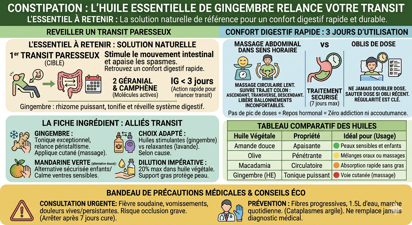 Infographie didactique sur l'utilisation de l'huile essentielle de gingembre pour soulager la constipation et relancer le transit intestinal. Le visuel illustre le protocole de massage abdominal (sens horaire), les molécules actives (géranial, camphène) et les règles de dilution à 20% dans une huile végétale. Un tableau compare les huiles végétales supports (amande douce, olive, macadamia). Un bandeau de précautions avertit sur les limites de l'automédication (7 jours maximum), les cas nécessitant une consultation médicale urgente (fièvre, vomissements) et les conseils d'hygiène de vie pour une prévention durable.