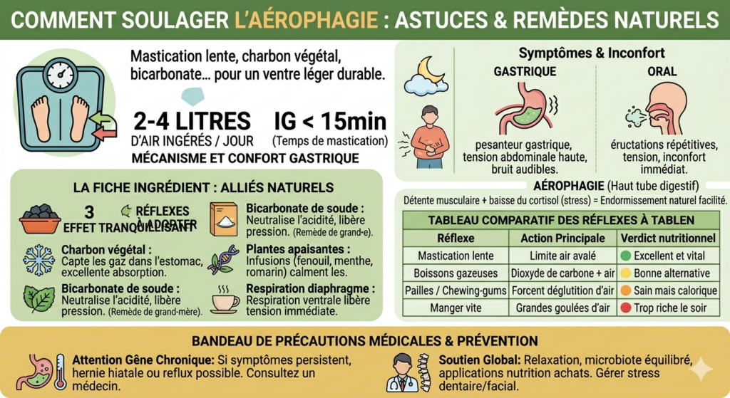 Infographie didactique sur les solutions contre l'aérophagie et les ballonnements. Elle détaille le mécanisme d'ingestion d'air (2 à 4 litres par jour) et propose des solutions naturelles comme le charbon végétal, le bicarbonate de soude et l'importance d'une mastication lente. Un tableau compare les habitudes à table (mastication, boissons gazeuses) et un bandeau rappelle les signaux d'alerte nécessitant une consultation médicale (hernie hiatale, symptômes persistants).