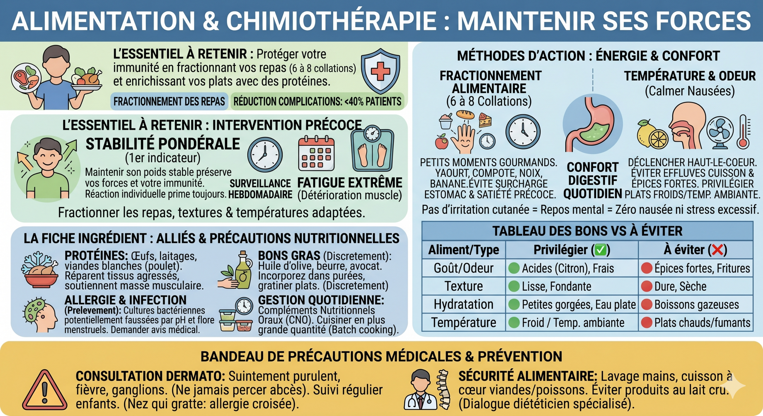 Infographie sur l'alimentation pendant une chimiothérapie. Elle détaille le fractionnement des repas (6 à 8 collations), l'enrichissement en protéines pour maintenir le poids et l'immunité, ainsi que des astuces pour limiter les nausées (température froide, texture lisse). Un tableau compare les aliments à privilégier (frais, acides) et à éviter (fritures, épices). Un bandeau de sécurité insiste sur l'importance de l'hygiène alimentaire et du dialogue avec l'oncologue pour toute modification nutritionnelle.