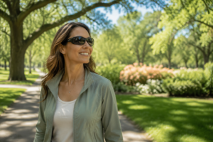 Une personne se promenant dans la nature avec confiance, lunettes de soleil et sourire, symbolisant la gestion des allergies aux pollens.