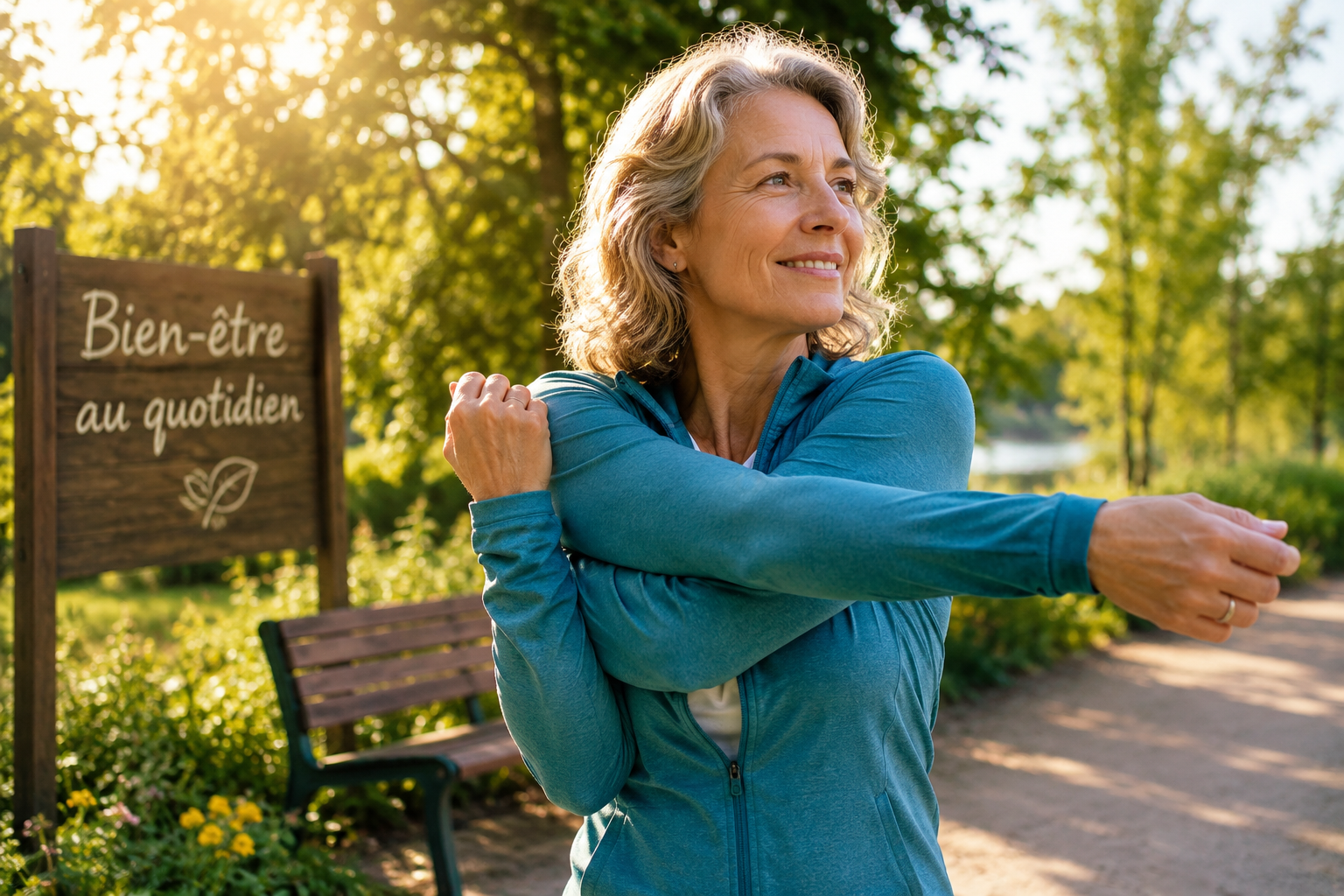 Une personne mature faisant des exercices doux dans un parc ensoleillé.