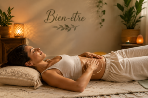 Une personne effectuant un auto-massage de l'abdomen dans un environnement calme.