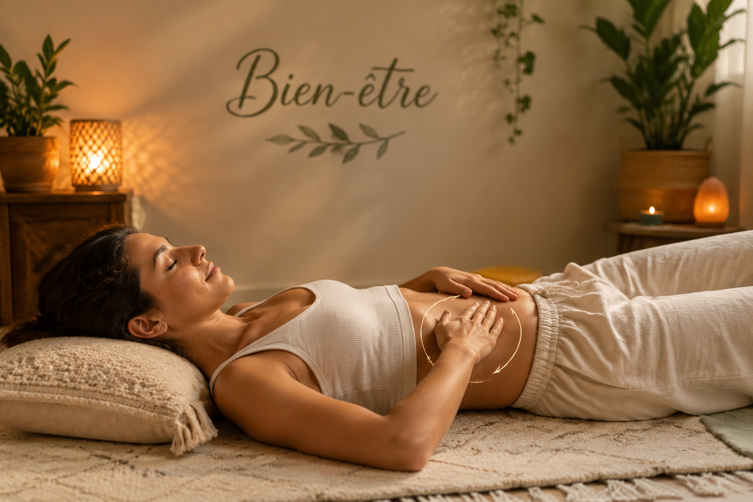 Une personne effectuant un auto-massage de l'abdomen dans un environnement calme.
