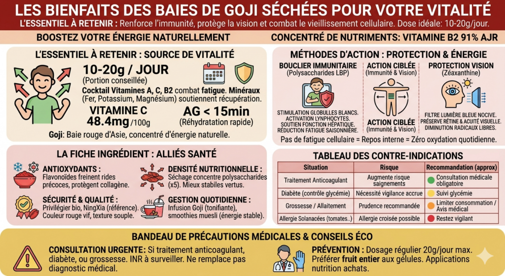 Infographie détaillée sur les bienfaits des baies de goji séchées pour l'immunité et la vision. Le visuel résume la composition nutritionnelle (vitamines B2, C, zéaxanthine), le dosage recommandé de 10 à 20 grammes par jour, et les précautions à prendre en cas de traitement anticoagulant. Un tableau compare les modes de consommation (séchées, réhydratées, infusion) et rappelle les critères de qualité pour choisir des baies bio de haute qualité.