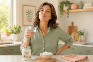 Une personne souriante effectuant un rinçage à l’huile de coco dans une cuisine moderne, avec de la lumière douce le matin.