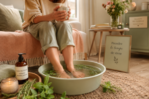 Une personne assise confortablement dans un salon lumineux, les pieds dans une bassine d'eau avec des herbes autour.