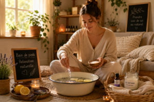 Une personne assise confortablement à la maison, préparant un bain de pieds avec des ingrédients naturels à portée de main.