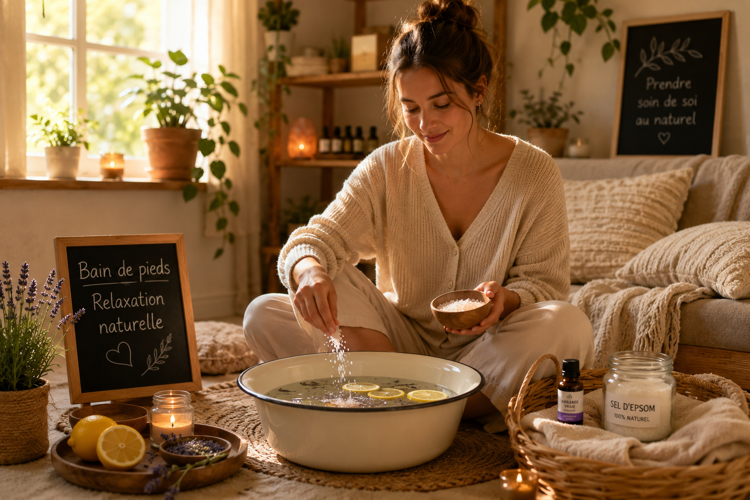 Une personne assise confortablement à la maison, préparant un bain de pieds avec des ingrédients naturels à portée de main.