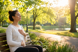 Une personne réalisant la technique de cohérence cardiaque dans un parc, respirant calmement et entourée de verdure.
