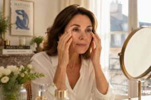 Une personne d'âge moyen, allure confiante, vérifiant ses yeux dans un miroir chez elle, dans une pièce bien éclairée par la lumière du matin.