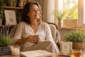 Une femme d'âge moyen, souriante, dans un espace lumineux entourée de plantes médicinales, illustrant le bien-être naturel.