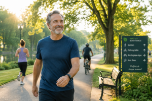 Image d'une personne active et sereine, marchant dans un parc par un matin lumineux, représentant la continuité de la vie avec des stents.