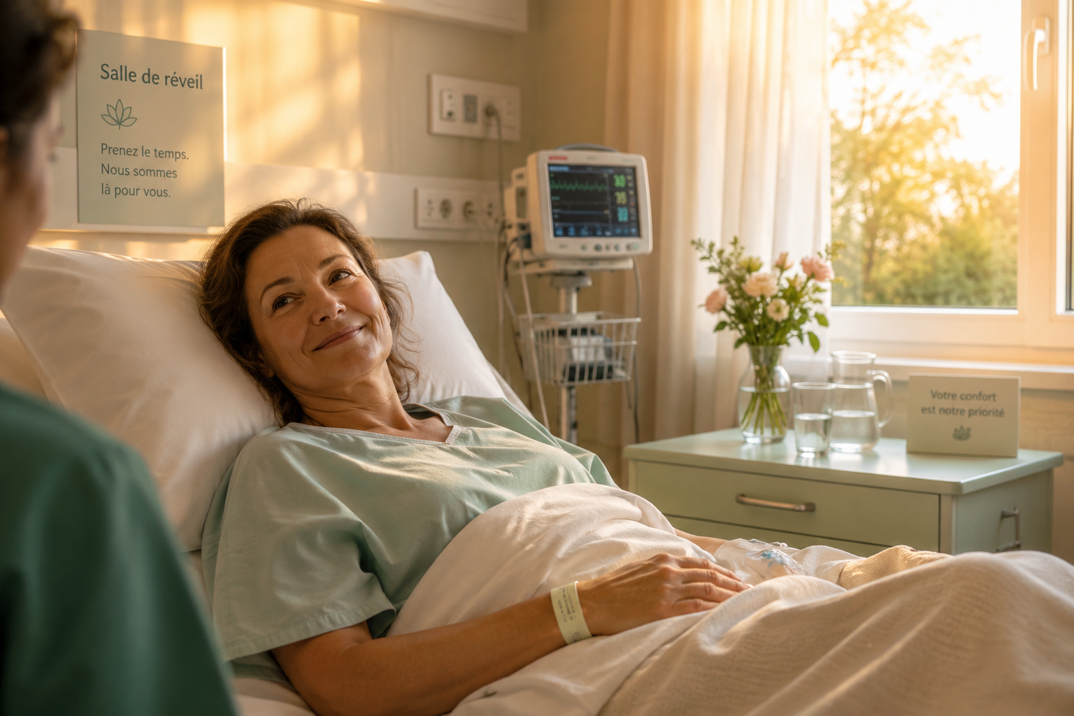 Une personne se réveille paisiblement dans une salle de repos après une opération, avec une lumière douce et rassurante, exprimant sérénité et confort.