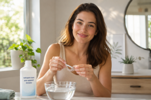 Une personne souriante nettoyant délicatement un appareil dentaire dans un cadre lumineux et accueillant, avec des plantes en arrière-plan.