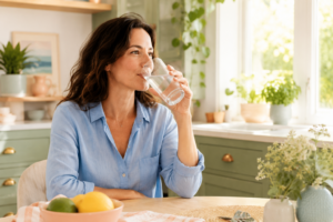 Une femme de 30-40 ans, détendue, buvant un grand verre d'eau dans une cuisine ensoleillée, avec des plantes en arrière-plan.