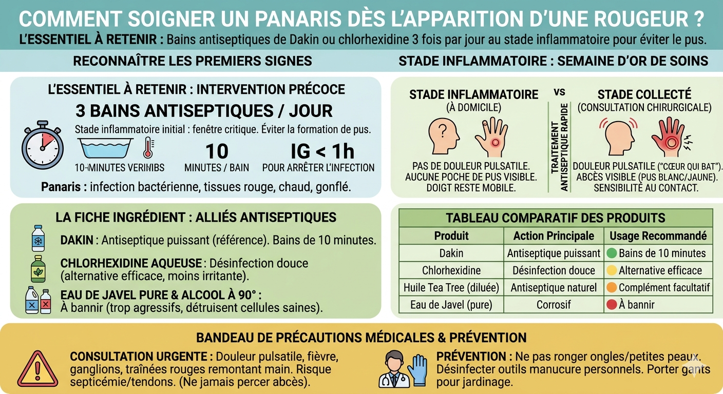 Infographie didactique expliquant comment soigner et désinfecter un panaris dès l'apparition d'une rougeur au stade inflammatoire. Elle illustre le protocole des bains de doigts (Dakin ou chlorhexidine, 3 fois par jour pendant 10 minutes) et compare les produits à privilégier ou à bannir (eau de javel pure, alcool à 90°). Un schéma compare le stade inflammatoire (traitable à domicile, doigt mobile, pas de poche de pus) et le stade collecté (abcès, douleur pulsatile en cœur qui bat, consultation chirurgicale requise). Le bandeau de précautions avertit sur les risques de complication (tendons, septicémie) et donne des conseils de prévention (désinfecter les outils de manucure, porter des gants).