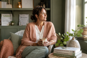 A woman in her 40s sitting in a cozy living room, looking thoughtful yet hopeful, surrounded by soft natural light, symbolizing choices and future possibilities.