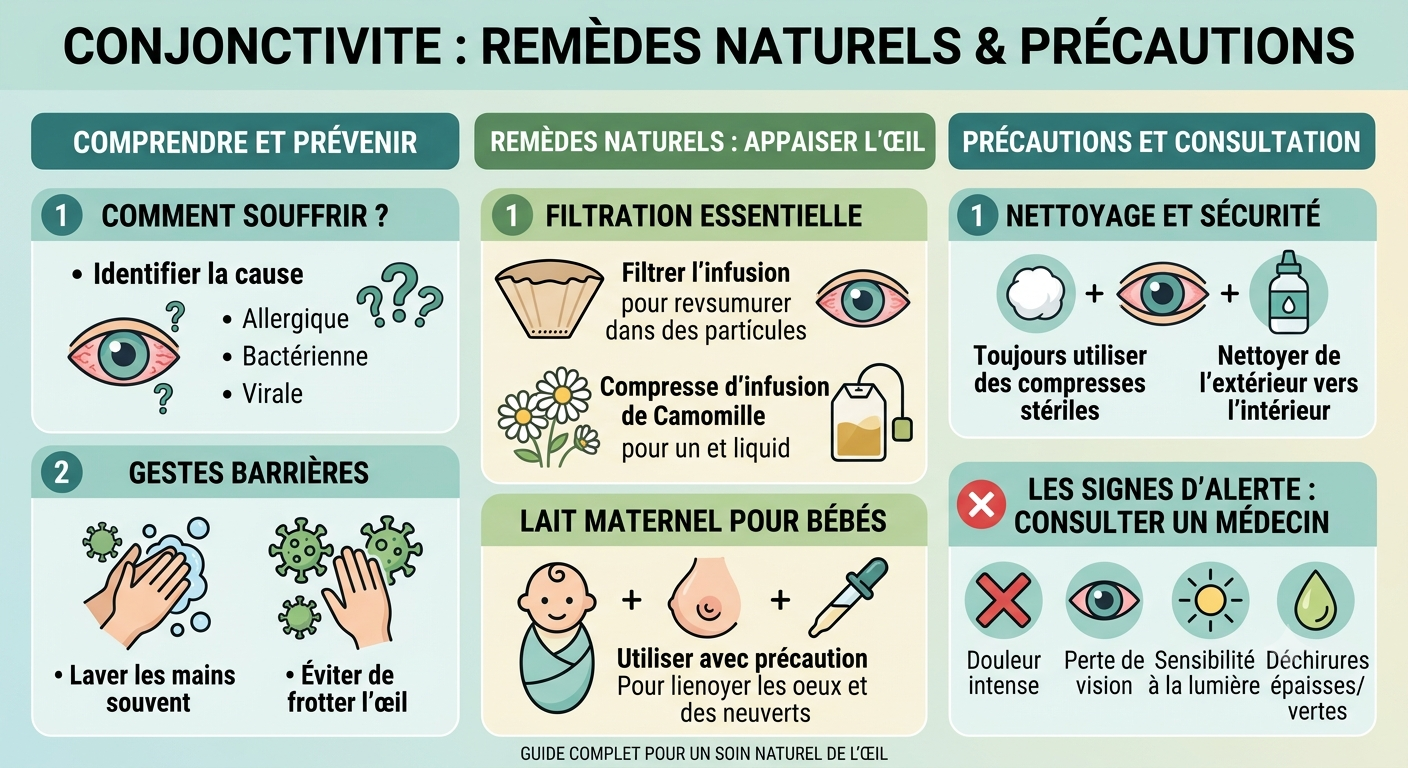 Infographie sur les remèdes naturels pour apaiser la conjonctivite, les règles de filtration et les gestes de nettoyage.