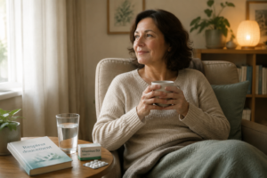 Personne assise paisiblement chez elle, avec une boîte de médicaments, un coussin, et un verre d'eau à proximité.