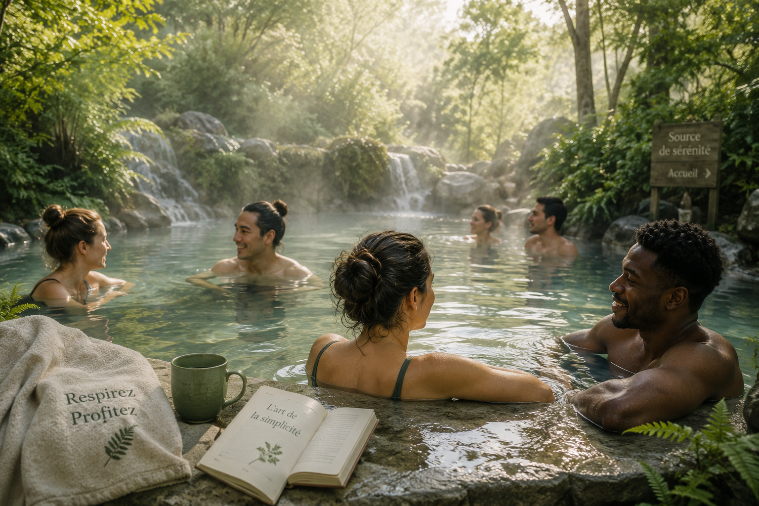Personnes relaxant dans un bain thermal dans un cadre naturel et serein.