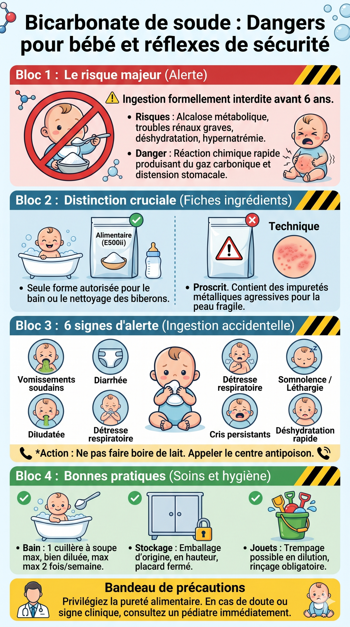 Infographie de sécurité sur les dangers du bicarbonate de soude pour les bébés, incluant les signes d'alerte d'ingestion et les règles d'utilisation.