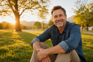 Portrait d'un patient confiant et souriant, assis dans un parc ensoleillé, symbolisant l'espoir et la lutte contre le cancer.