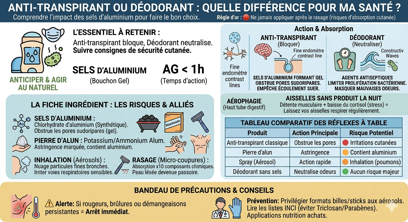 Infographie comparative sur la différence entre déodorant et anti-transpirant, expliquant les risques des sels d'aluminium, les alternatives naturelles et les précautions d'usage (ne pas appliquer après rasage).