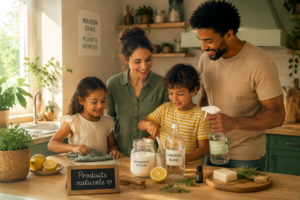 Photographie d'une famille souriante nettoyant une cuisine ensoleillée avec des produits naturels sur le comptoir.