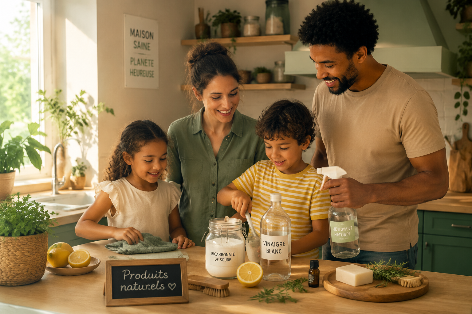 Photographie d'une famille souriante nettoyant une cuisine ensoleillée avec des produits naturels sur le comptoir.