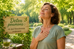 Un adulte d'âge moyen prenant une grande inspiration en plein air, entouré de végétation luxuriante, symbolisant la purification des poumons.