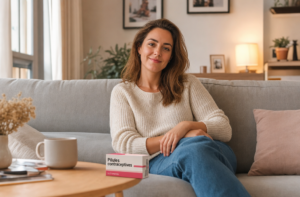 Une femme souriante, assise sur un canapé, avec une boîte de pilules à ses côtés.
