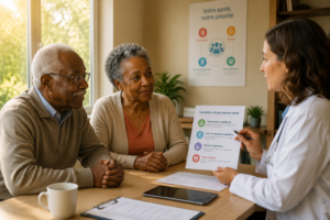 Un couple senior discutant avec un médecin, montrant une attitude confiante et attentive, symbolisant la prévention et le lien médecin-patient.