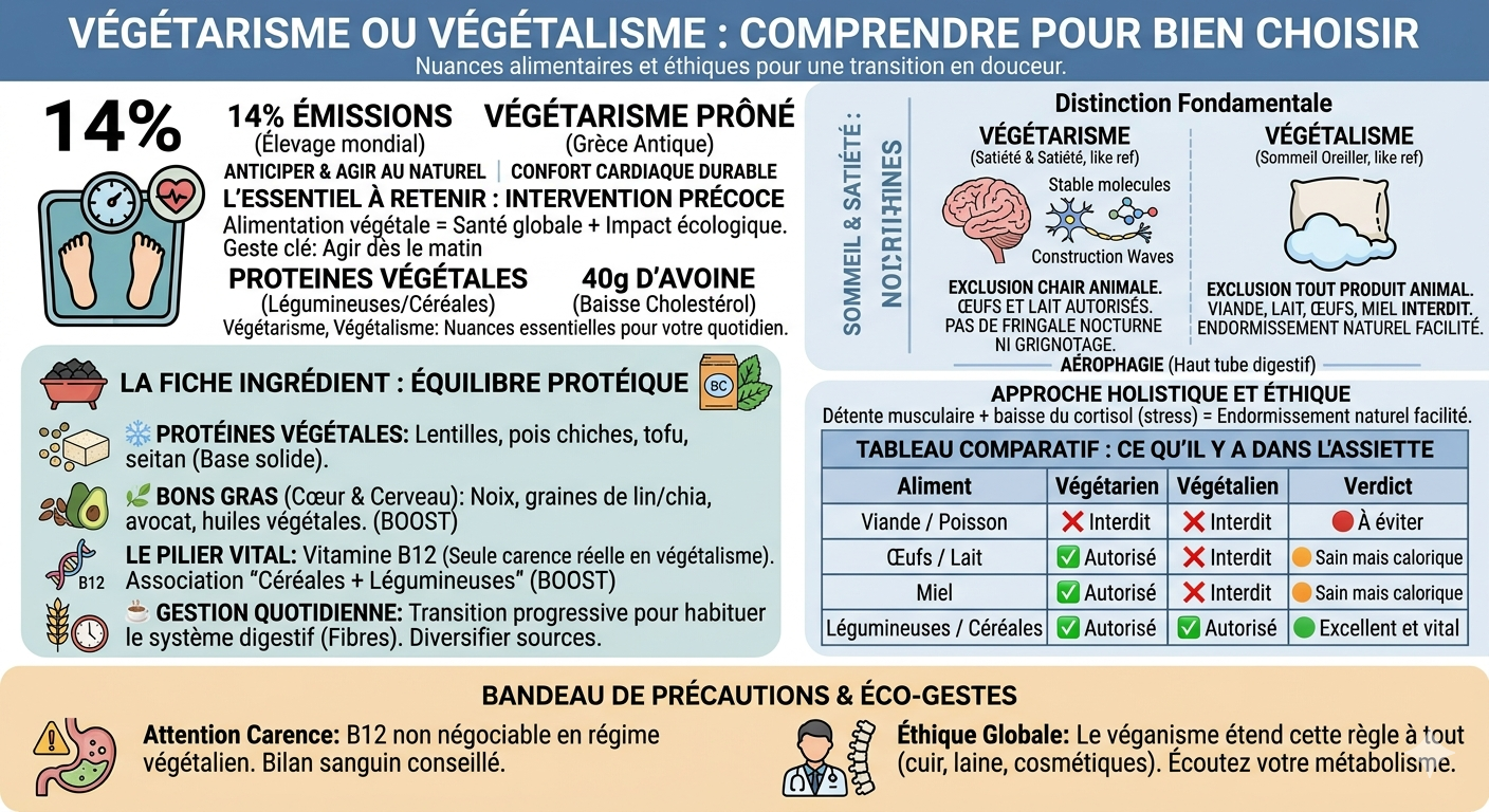 Infographie comparative expliquant les différences entre végétarisme (sans viande ni poisson) et végétalisme (exclusion totale des produits animaux). Le visuel détaille les apports nutritionnels nécessaires, notamment la vitamine B12 indispensable au régime végétalien, et rappelle l'impact environnemental des choix alimentaires. Un tableau récapitulatif compare les aliments autorisés et interdits selon les régimes.