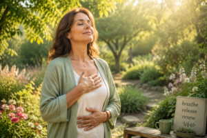 Une personne en pleine nature, sereine, pratiquant des exercices de respiration.