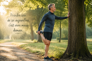 Un adulte debout en extérieur étire un mollet, ambiance de matin ensoleillé, visage détendu.