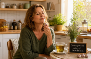 A woman using a clove bud near her teeth, feeling relief and calm.