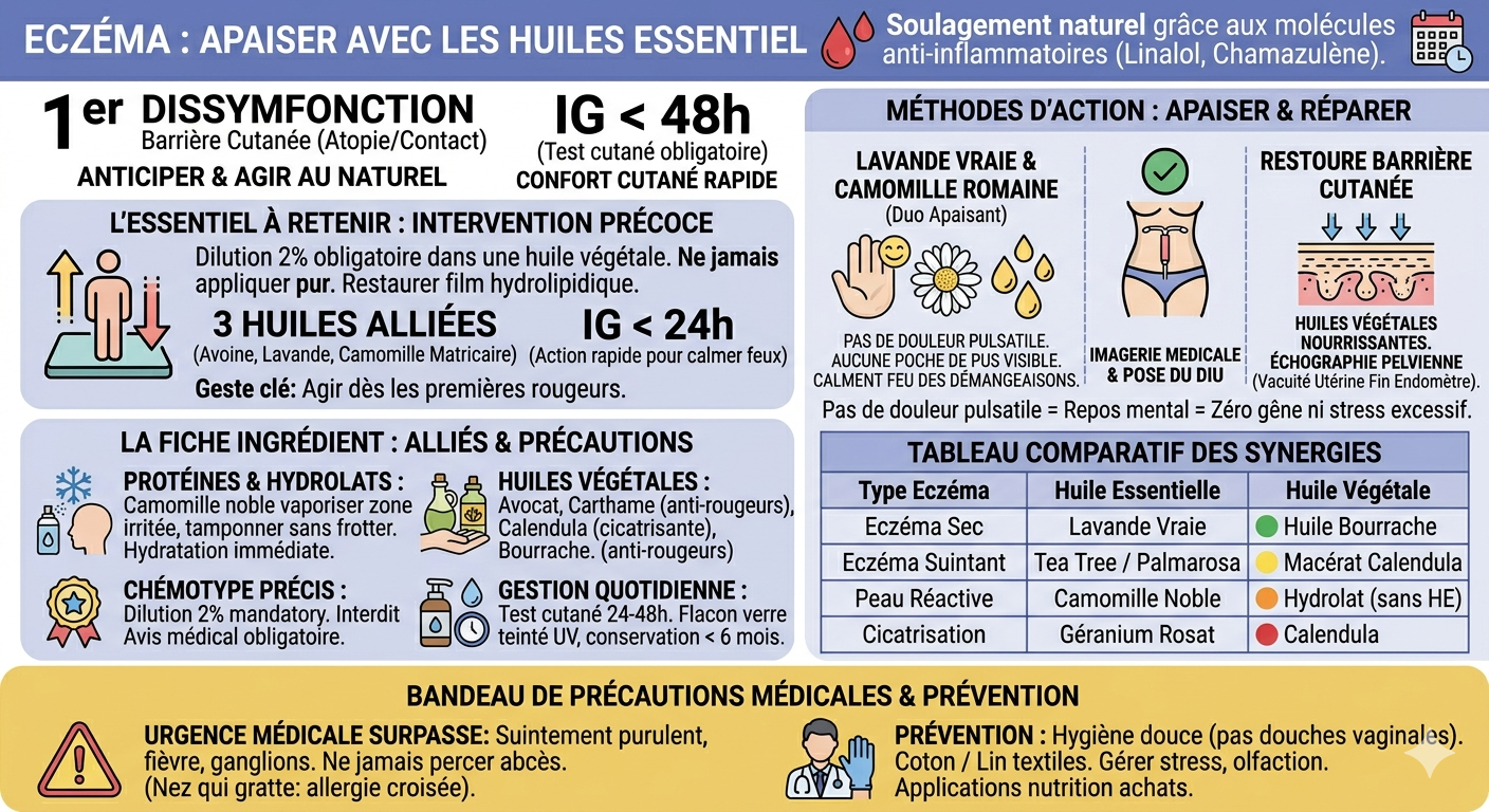 Infographie didactique détaillant les huiles essentielles pour soulager l'eczéma. Elle présente les huiles alliées (Lavande vraie, Camomille matricaire), les méthodes de dilution à 2% dans une huile végétale, et un tableau des synergies selon le type d'eczéma (sec, suintant, réactif). Le visuel rappelle l'importance du test cutané et le bandeau final liste les précautions médicales essentielles (ne jamais appliquer pur, interdiction aux enfants et femmes enceintes, consulter en cas de signe d'infection).