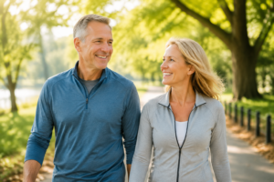 Un couple mature, souriant, marchant dans un parc par temps clair, avec une posture confiante, incarnant santé et bien-être.